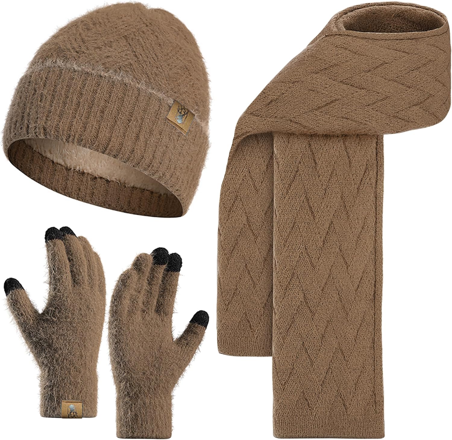 Winter Knit Beanie Hat Scarf for Women with Touch Screen Gloves Set with Skull Caps Neck Warm Scarves for Women 3PCS/Set