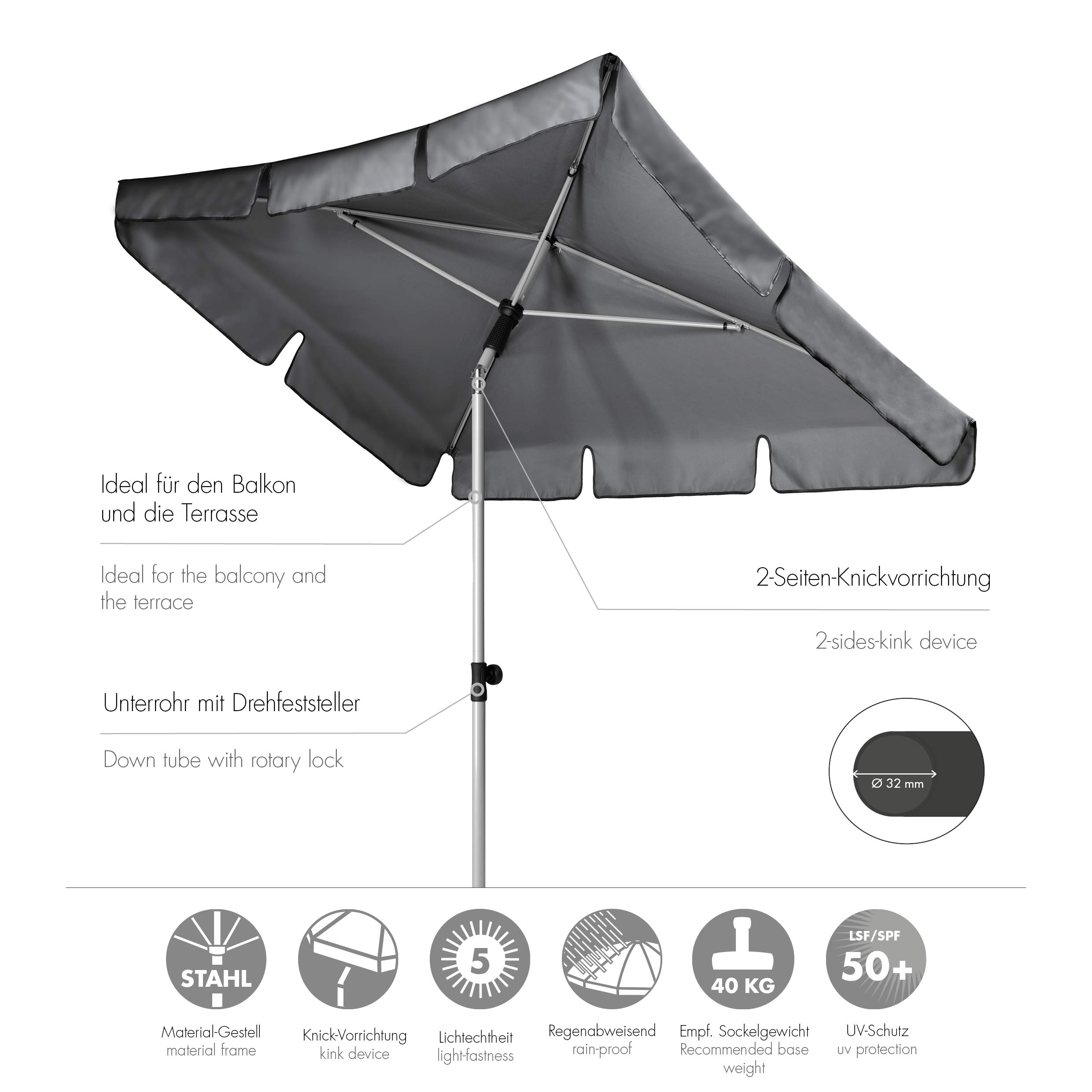 Doppler Active – prostokątny parasol przeciwsłoneczny, na balkon i taras, składany, 180 x 120 cm
