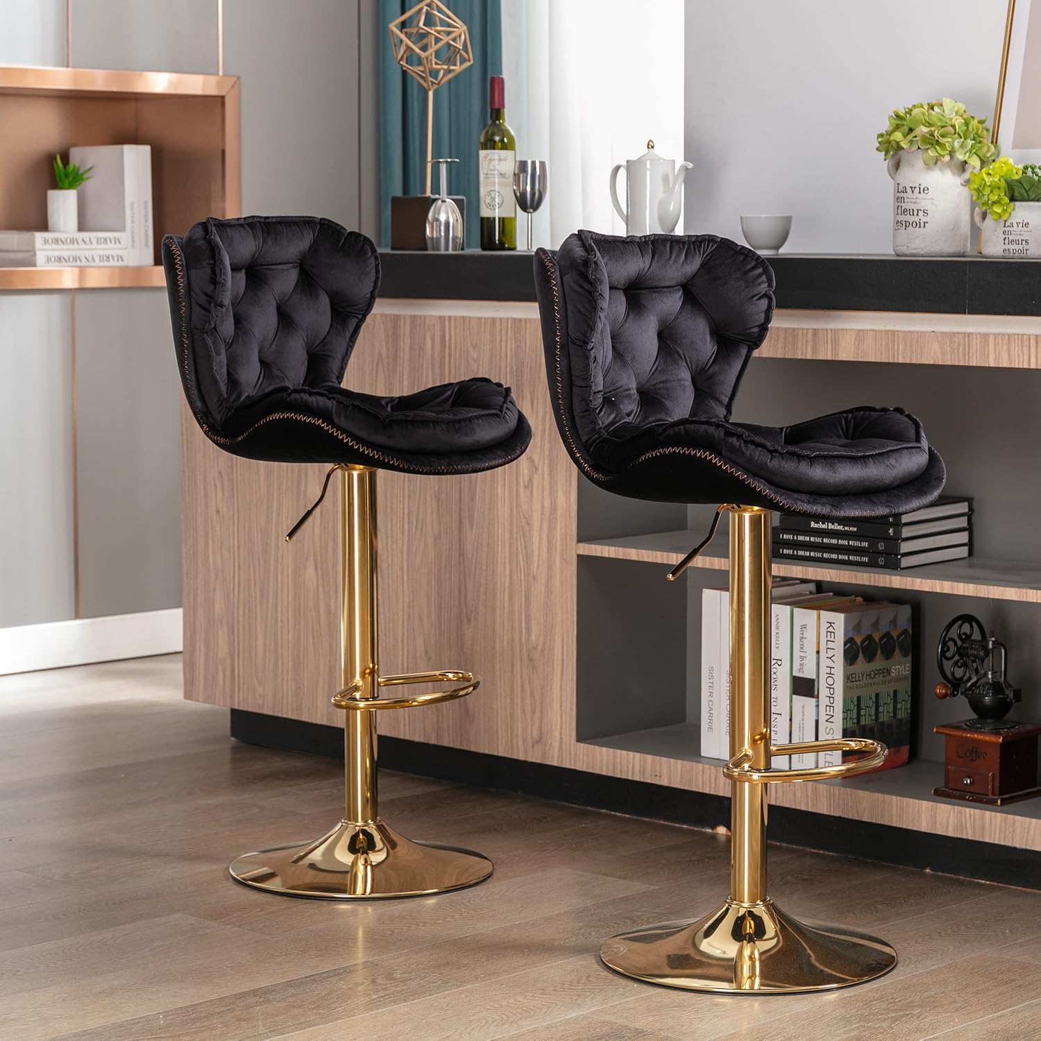 Velvet Tufted Bar Stools, Modern Height Adjustable Swivel Barstools, 360 Degree Counter Chairs with Back & Gold Metal Base for Pub, Kitchen, Cafe (Set of 2, Black)