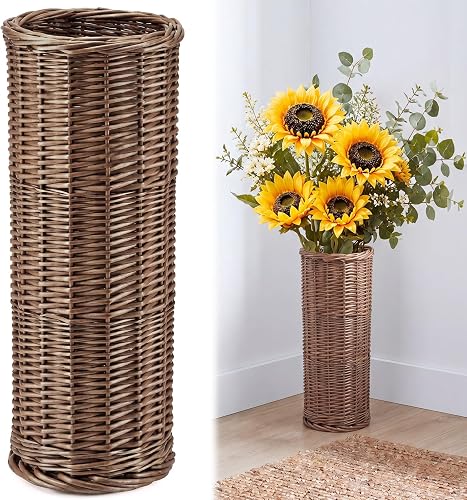 Giegxin Natural Wicker Floor Vase, 17 Inch Tall Large Rattan Basket Vase for Flowers, Decorative Rustic Boho Woven Floor Planter for Living Room, Farmhouse, Balcony, Home Decoration