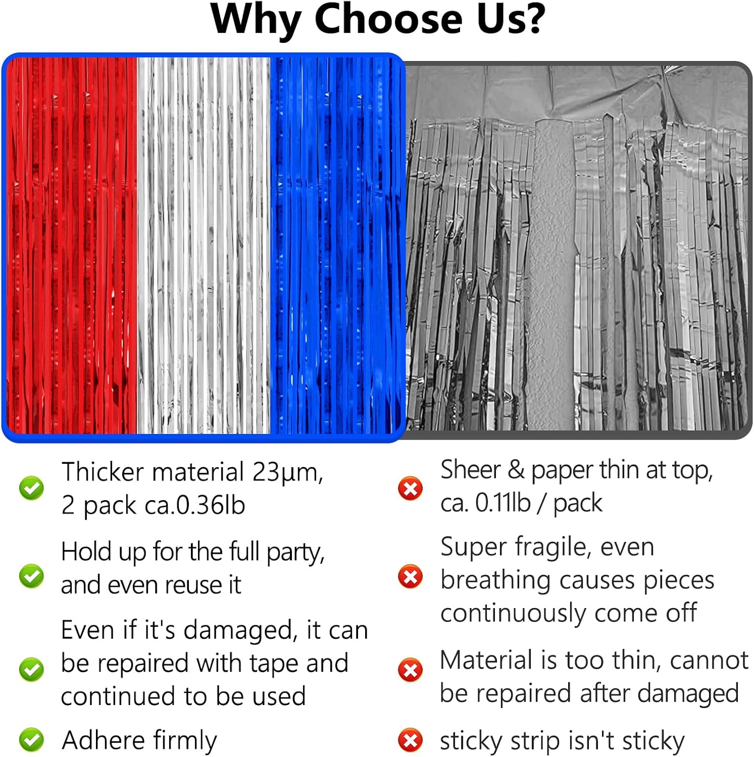 Thicken Red White and Blue Decorations Streamers, 2 Pack 3.3 X 6.6 FT Tinsel Backdrop Curtains, Foil Fringe Backdrop for Birthday, 4th of July, Veterans Day, USA Patriotic Party Decorations
