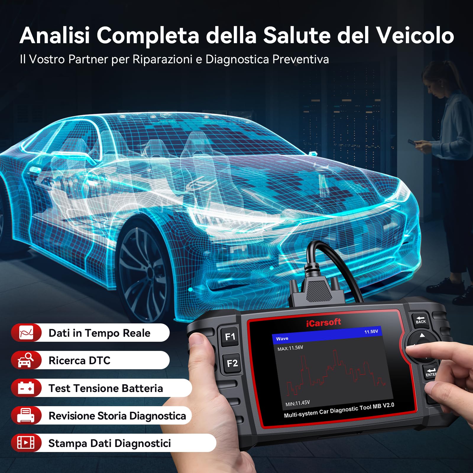 iCarsoft MB V2.0 OBD2 Auto Diagnostica per Ben.z/Sprinter/Smart, Diagnosi Auto in Italiano per Tutti i Sistemi, 9 Funzioni di Ripristino, Olio/EPB/BMS/ETC/SAS/INJ/TPMS/DP-F/ABS, Aggiornamento a Vita