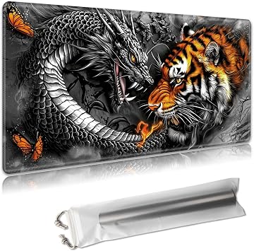 MTG Playmat 24x14 Inches Large TCG/CCG Trading Card Game Mat, Full Artwork Design, Non-Slip Rubber Base & Smooth Cloth Surface, Free Storage Bag Included,Dragon and Tiger Black Tattoo