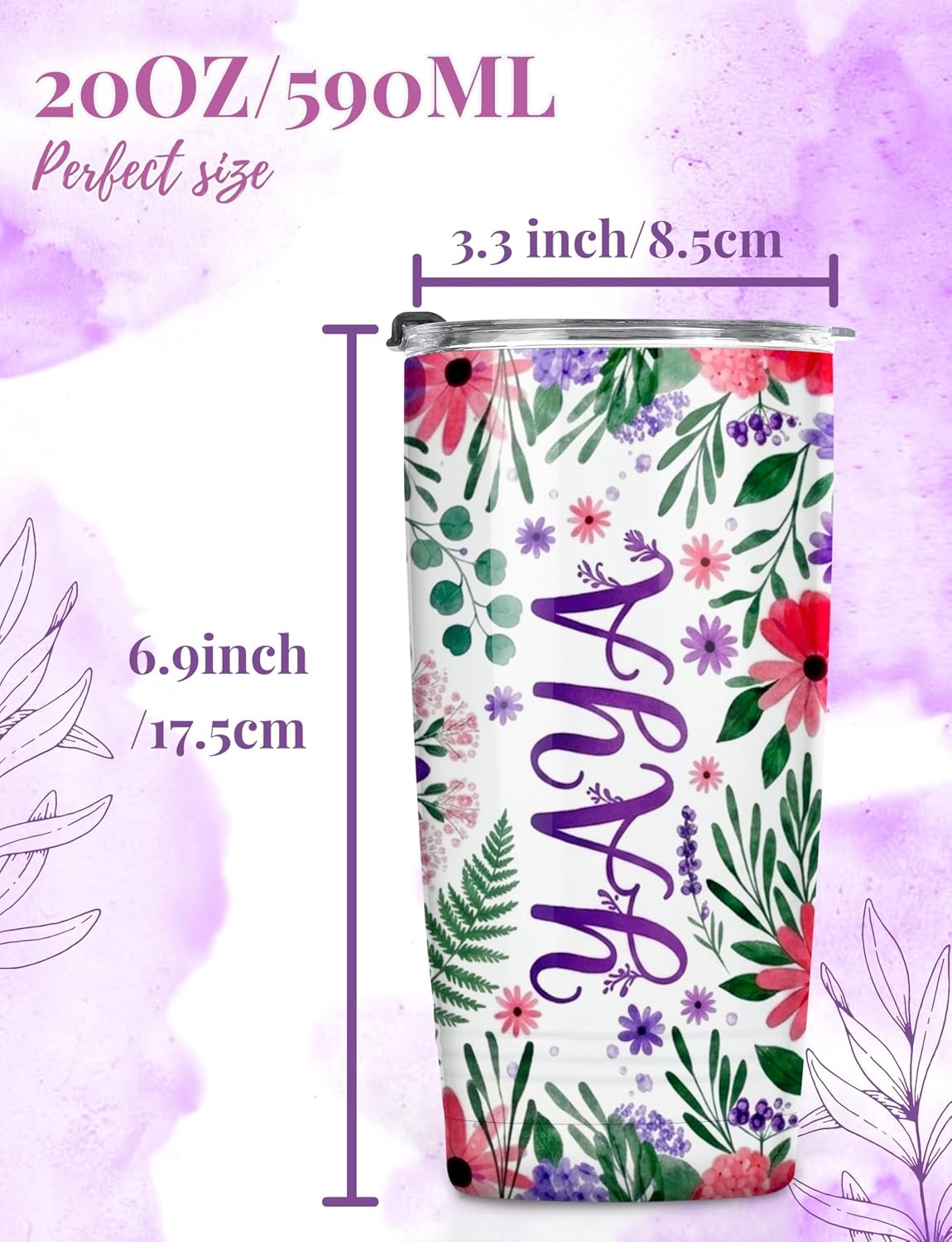 Onebttl Yaya Gifts for Grandma, Insulated Stainless Steel Tumbler with Lid, 20 oz, Flower Pattern