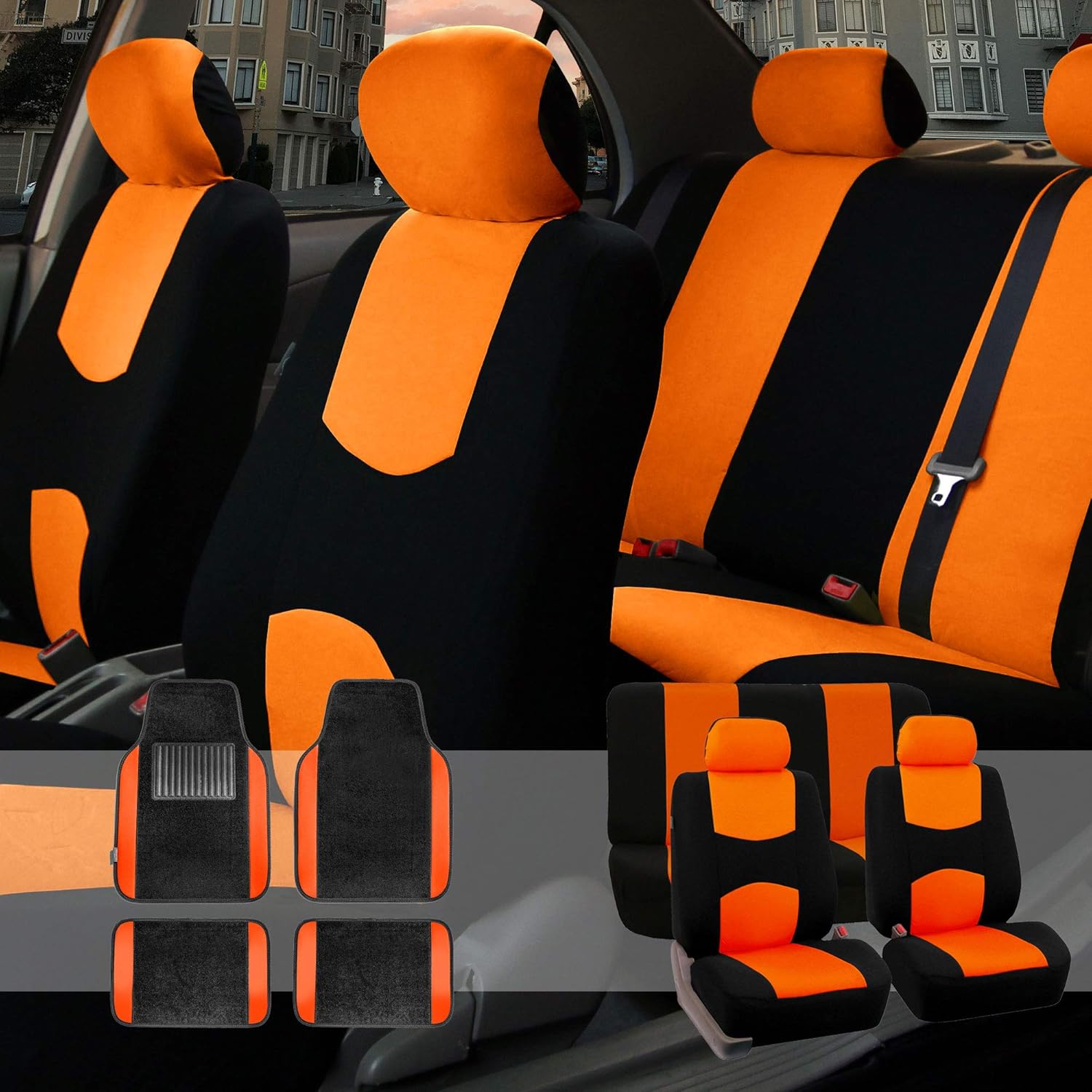 TLH Flat Cloth Seat Covers Full Set, Orange Color w/Carpet Floor Mats Combo