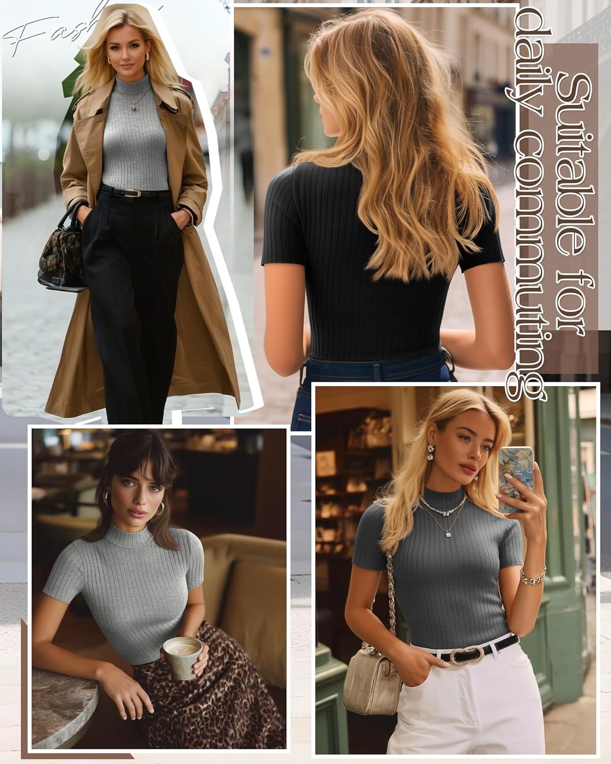 3 Pack Women Mock Turtleneck Shirts Short Sleeve Ribbed Lightweight Basic Layering Cotton Tops Slim Fit Tunic Tees - Image 2