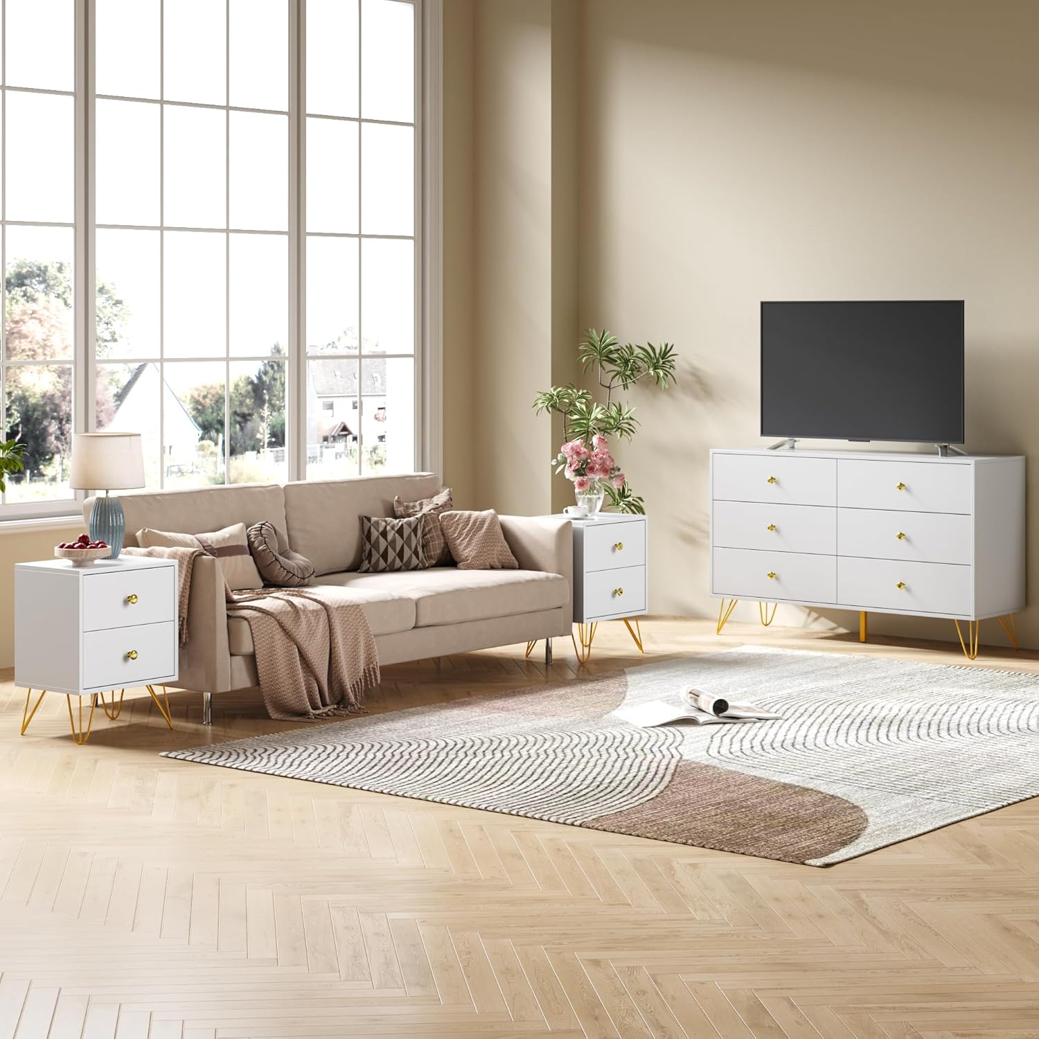 White Dresser and Nightstand Sets for Bedroom,3 Pcs Bedroom Set with Metal Legs, 6 Drawer Dresser & Night Stand Set of 2 with Gold Handles,Bed Room Furniture Sets,Modern Dresser Sets