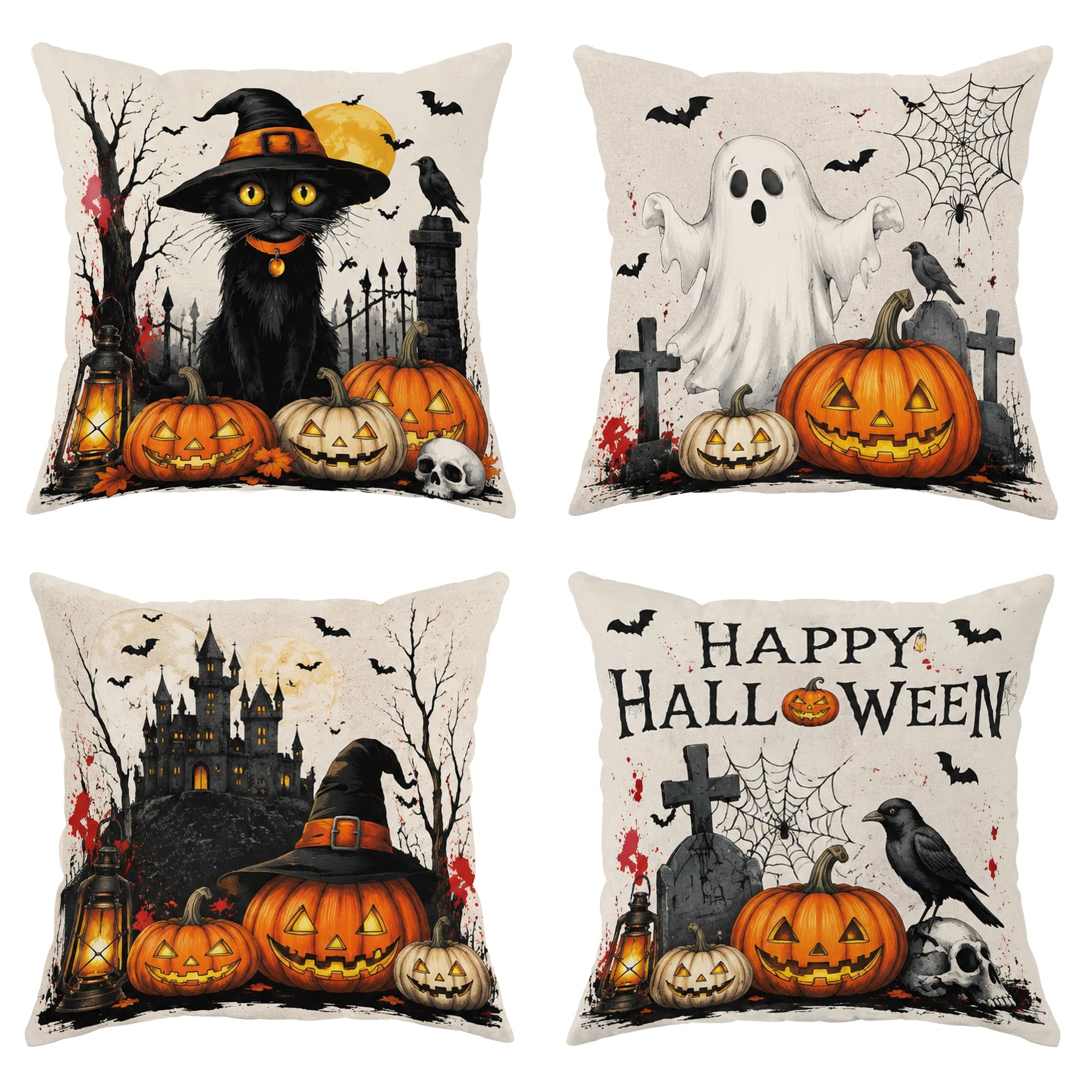 Housses de coussin en velours Halloween lot de 4 pour salon 56x56 cm