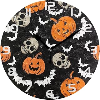 ALAZA Halloween Bats Pumpkin Vintage Skulls Wall Clock Non Ticking Decorative Desk Clock for Bedroom Kitchen Living Room Office,Gold