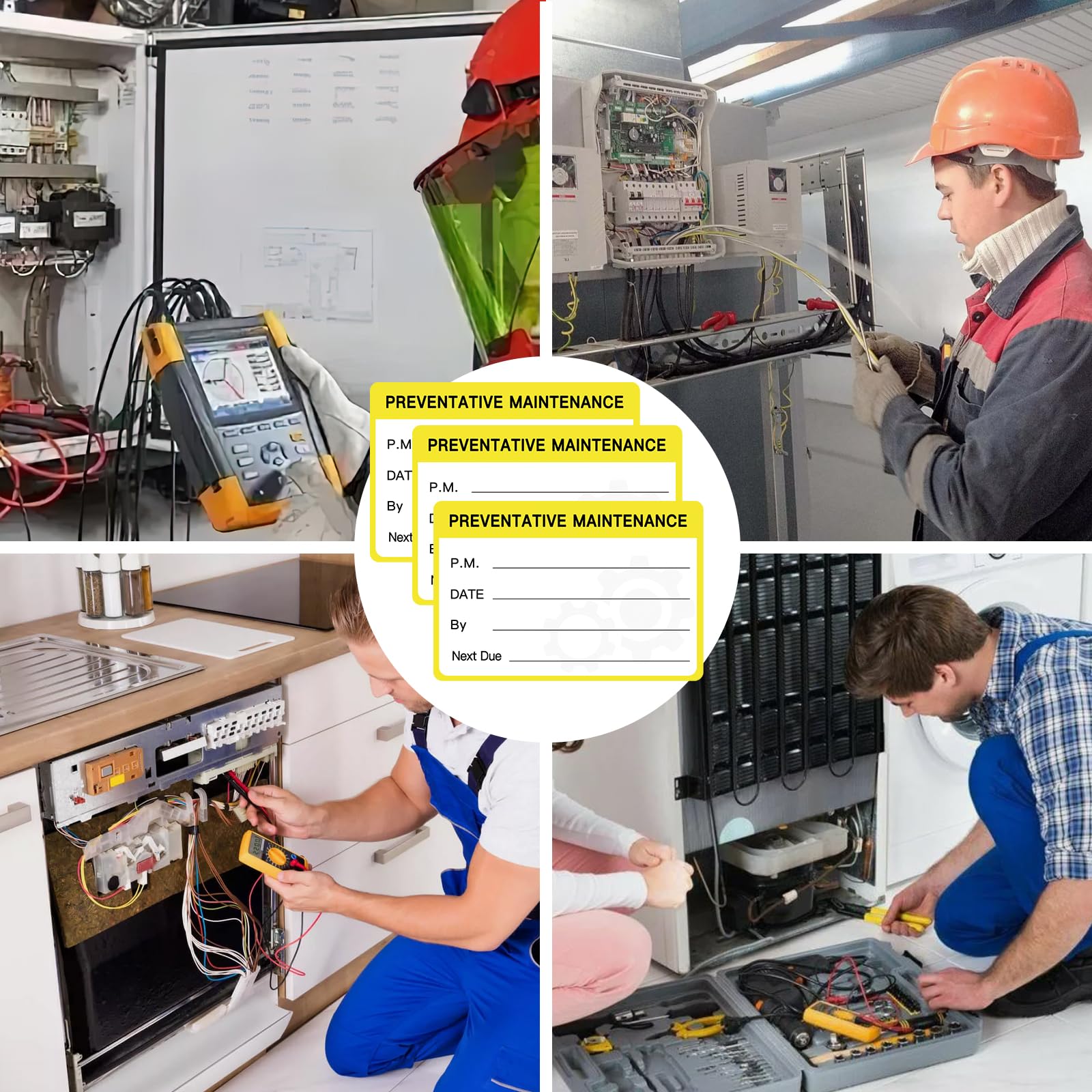 120 calcomanías de mantenimiento preventivo, etiquetas de servicio para equipos, calcomanías de mantenimiento autoadhesivas de 3 x 2 pulgadas (amarillo)