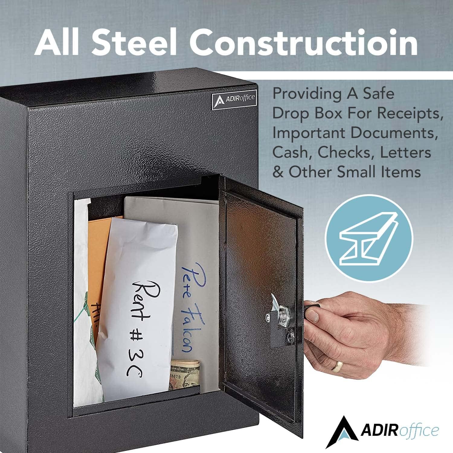 AdirOffice Through The Wall Drop Box Safe - Durable Thick Steel w/Adjustable Chute - Mail Vault for Home Office Hotel Apartment
