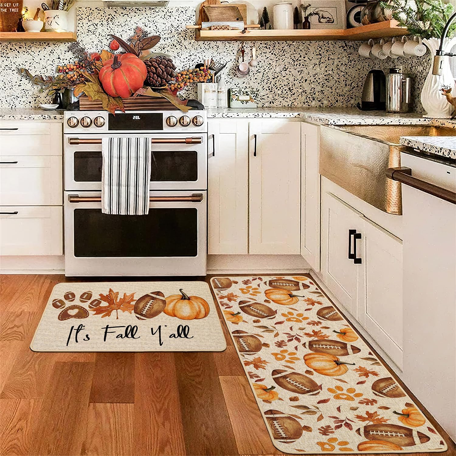 Baccessor Rugby Pumpkin Fall Kitchen Mats Set of 2, Maple Leaves Dog Paw Football Kitchen Rugs for Floor Low-Profile Farmhouse Fall Home Decor 17x29 and 17x47 Inch