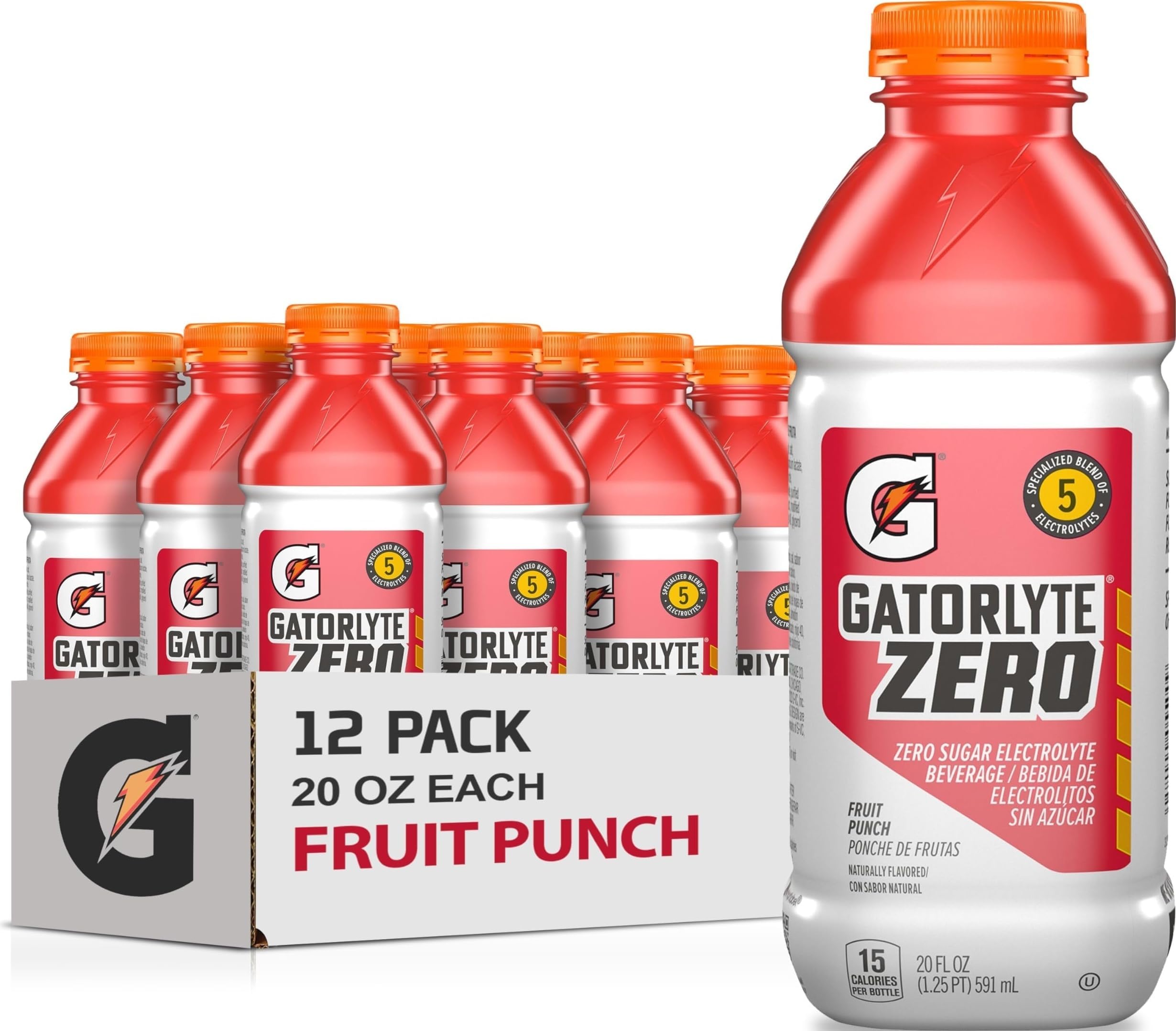 Gatorlyte Zero Sugar Rapid Rehydration Electrolyte Drink, Fruit Punch, 20 fl oz Bottles (12 Pack), Specialized Blend of 5 Electrolytes, Zero Sugar, 15 Calories, No Artificial Sweeteners, No Artificial Flavors, Gatorade, Hydration