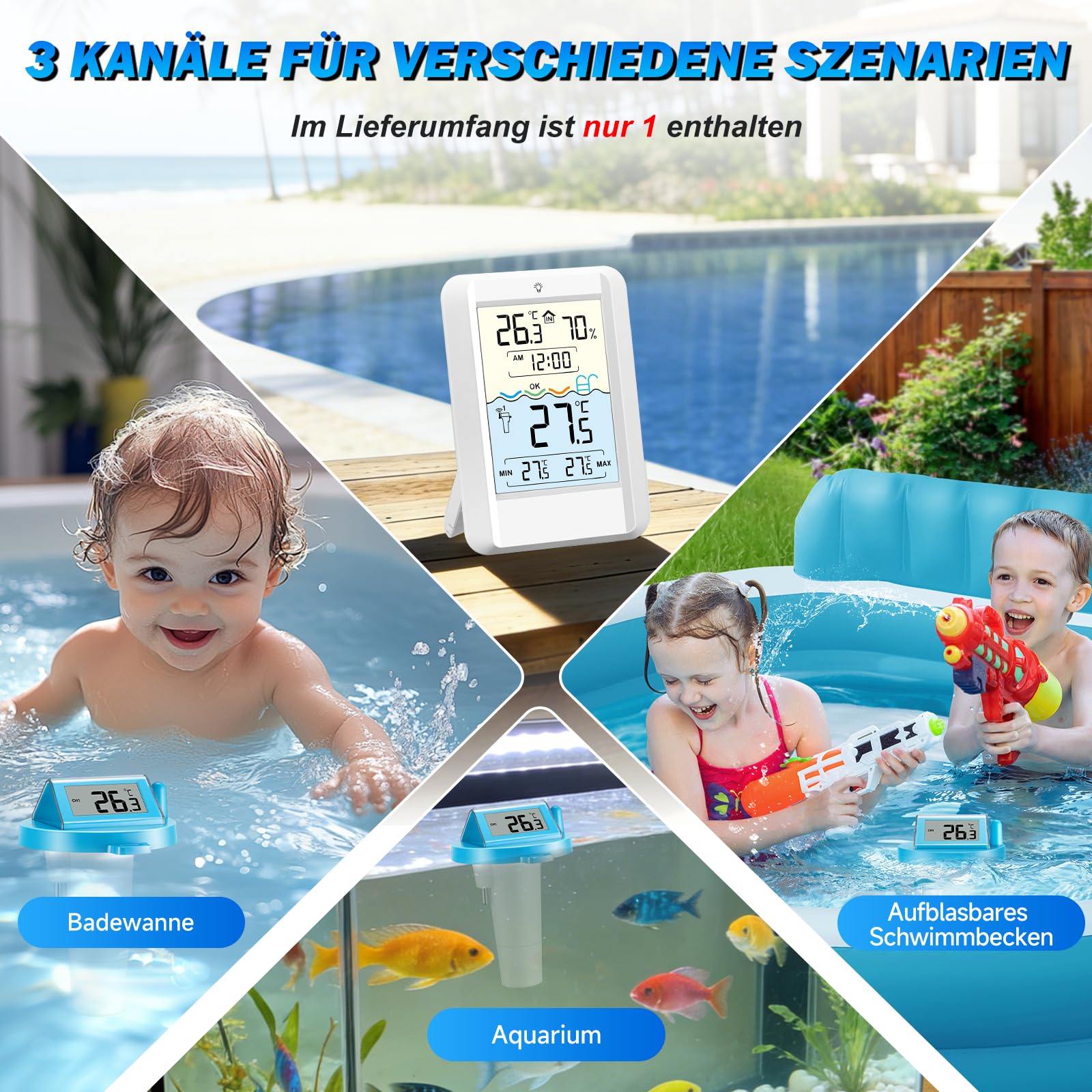 TEOV Funk Pool Thermometer mit LCD-Anzeige, IP68 Wasserdicht Digitales Poolthermometer, 70m Übertragungsreichweite, für Schwimmbäder Aquarium Badewannen Teich