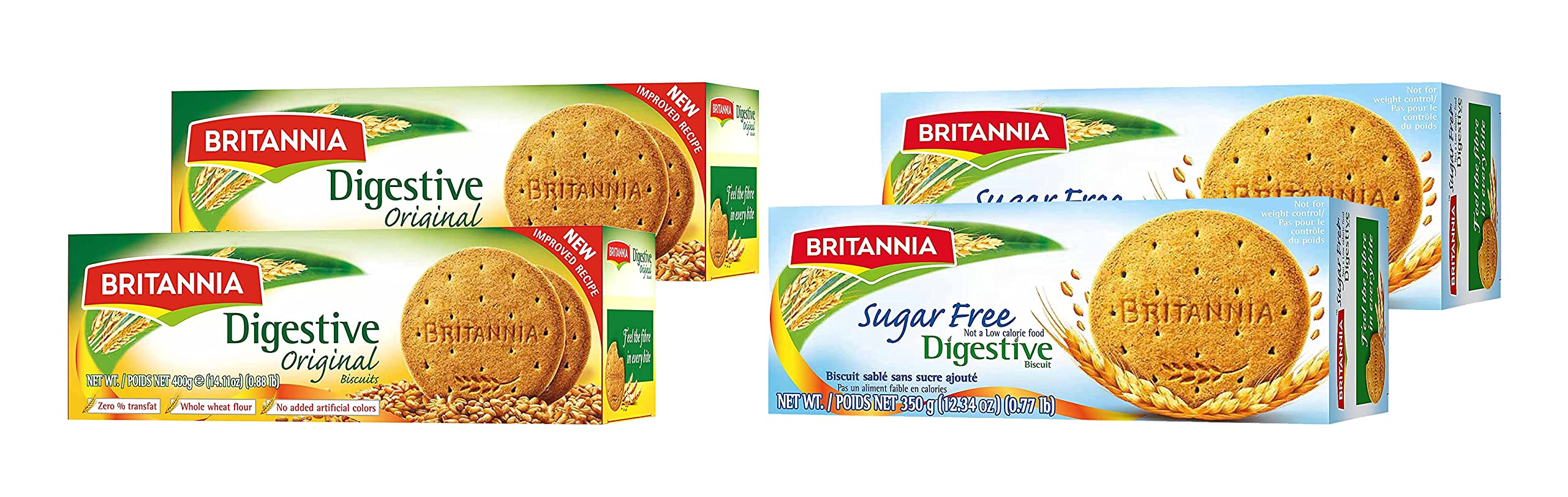 Britannia Digestive Original & Sugar Free Biscuits - Variety Combo Pack - Whole Wheat Flavor Cookies - Tea Time Healthy Snacks (Pack of 2 Each)
