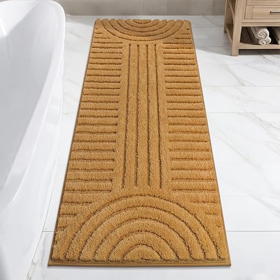 SHACOS Super Soft Bathroom Runner Rugs 24x60 Non Slip Boho Bathroom Mats Microfiber Absorbent Carpet for Bath Room Machine Washable Shaggy Bath Rugs for Shower Bathtub Home Decor, Mustard 2'x5'