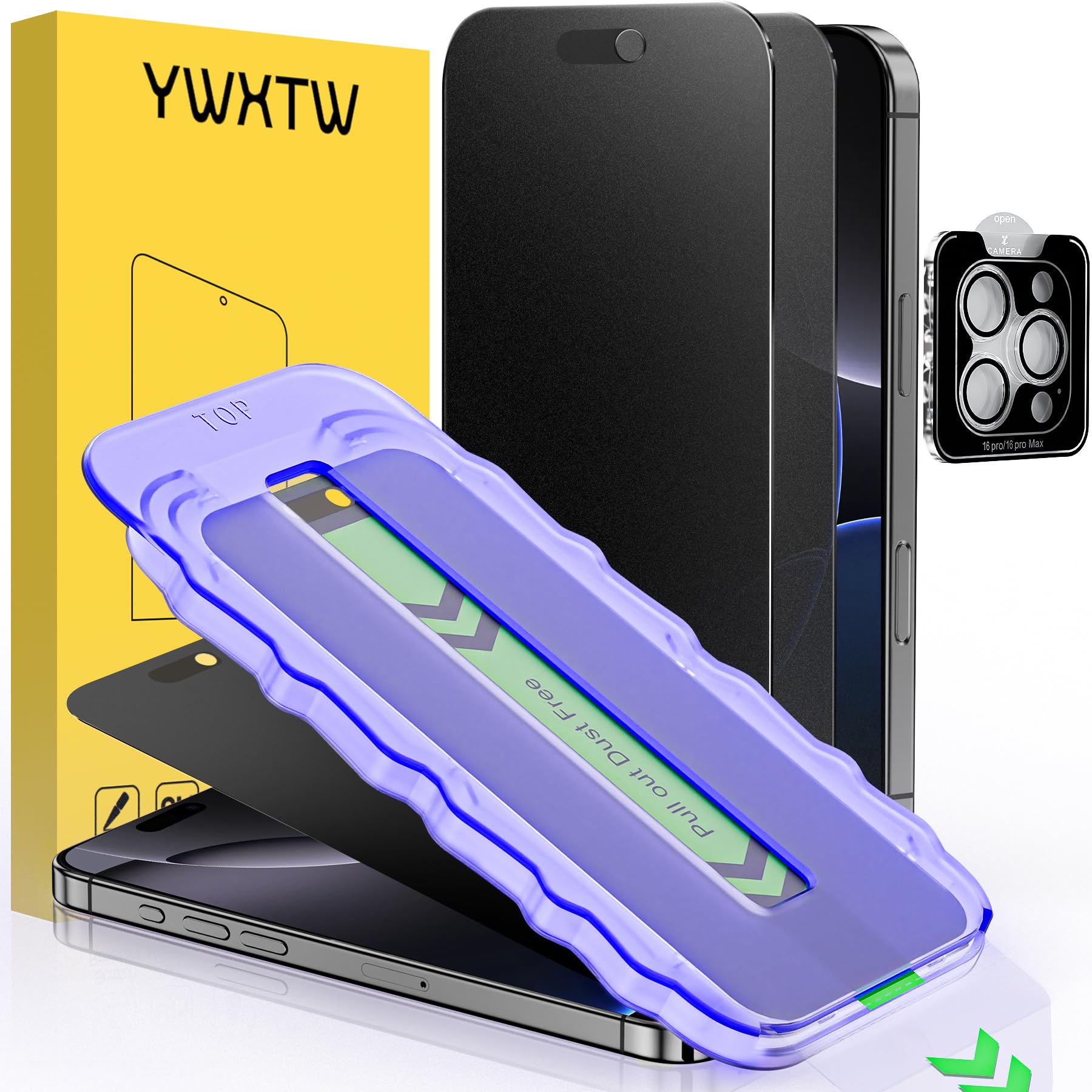 YWXTW 2 Pack for iPhone 16 Pro Matte Privacy Screen Protector 6.3 Inch + 1 Set Camera Lens Protector, Anti Spy Anti Glare 16 Pro Tempered Glass Film, Anti Fingerprint, Bubble Free Black iPhone 16 Pro