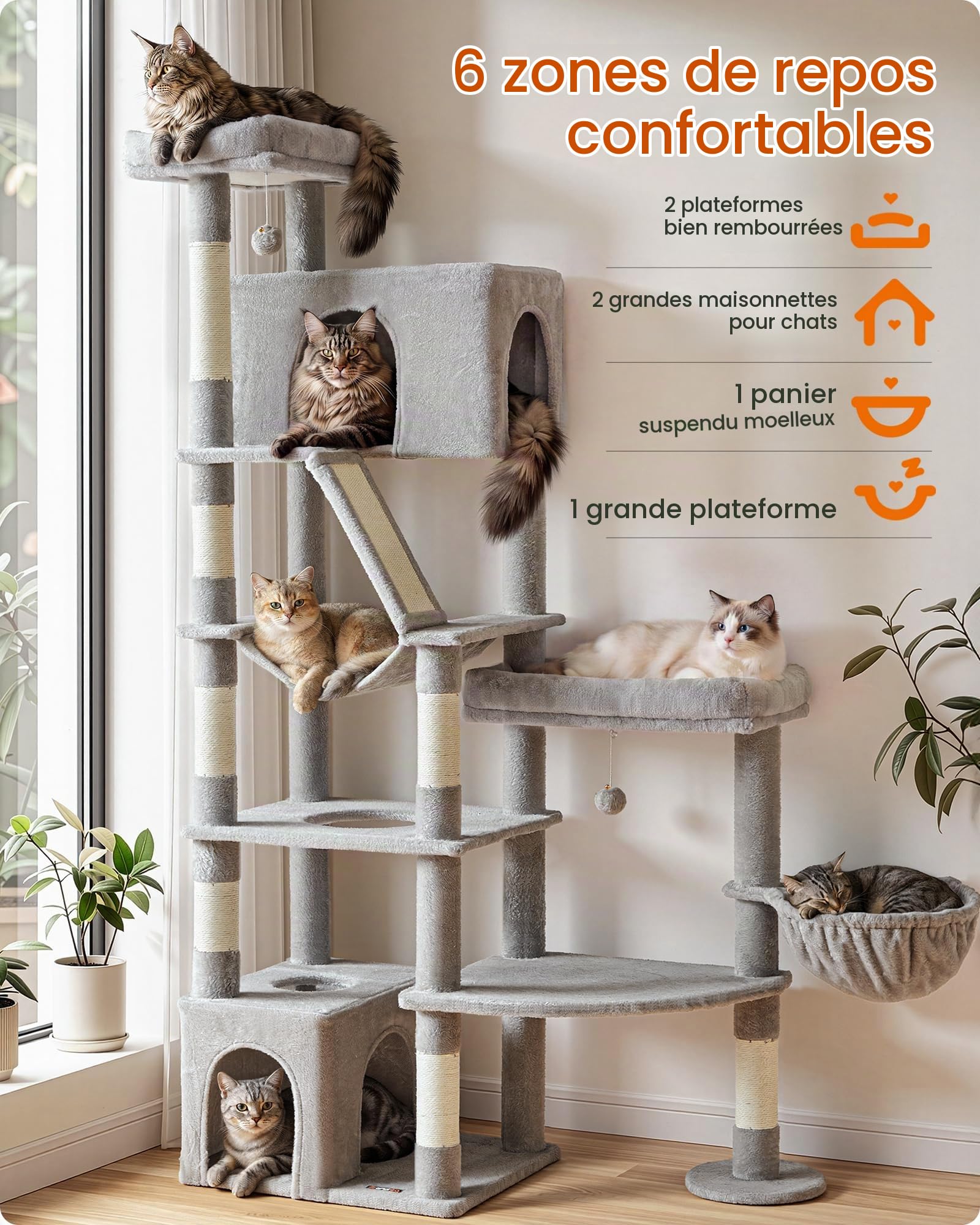 Feandrea Grand Arbre à Chat, Multi-Niveaux, 105 x 45 x 188,2 cm