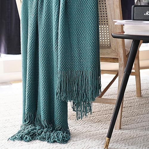 Miniatura 4 de LOMAO Manta de punto con borlas, manta suave con textura de burbujas, manta ligera y cálida para funda de sofá, decoración del hogar (verde azulado,