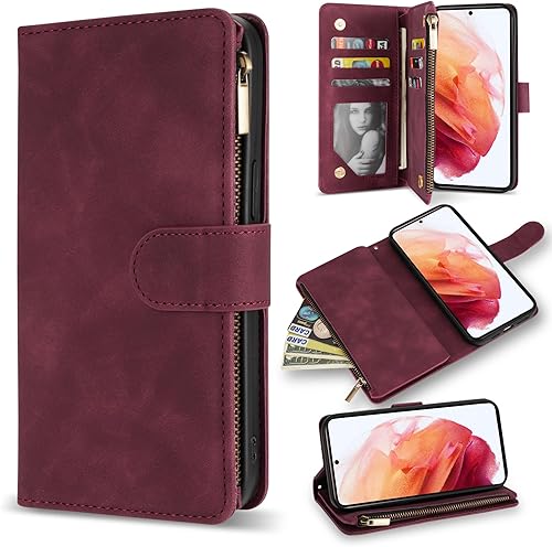 ZZXX Funda tipo cartera para Samsung Galaxy S21 con ranura para tarjetas, piel sintética suave de alta calidad, con cremallera, con correa para la