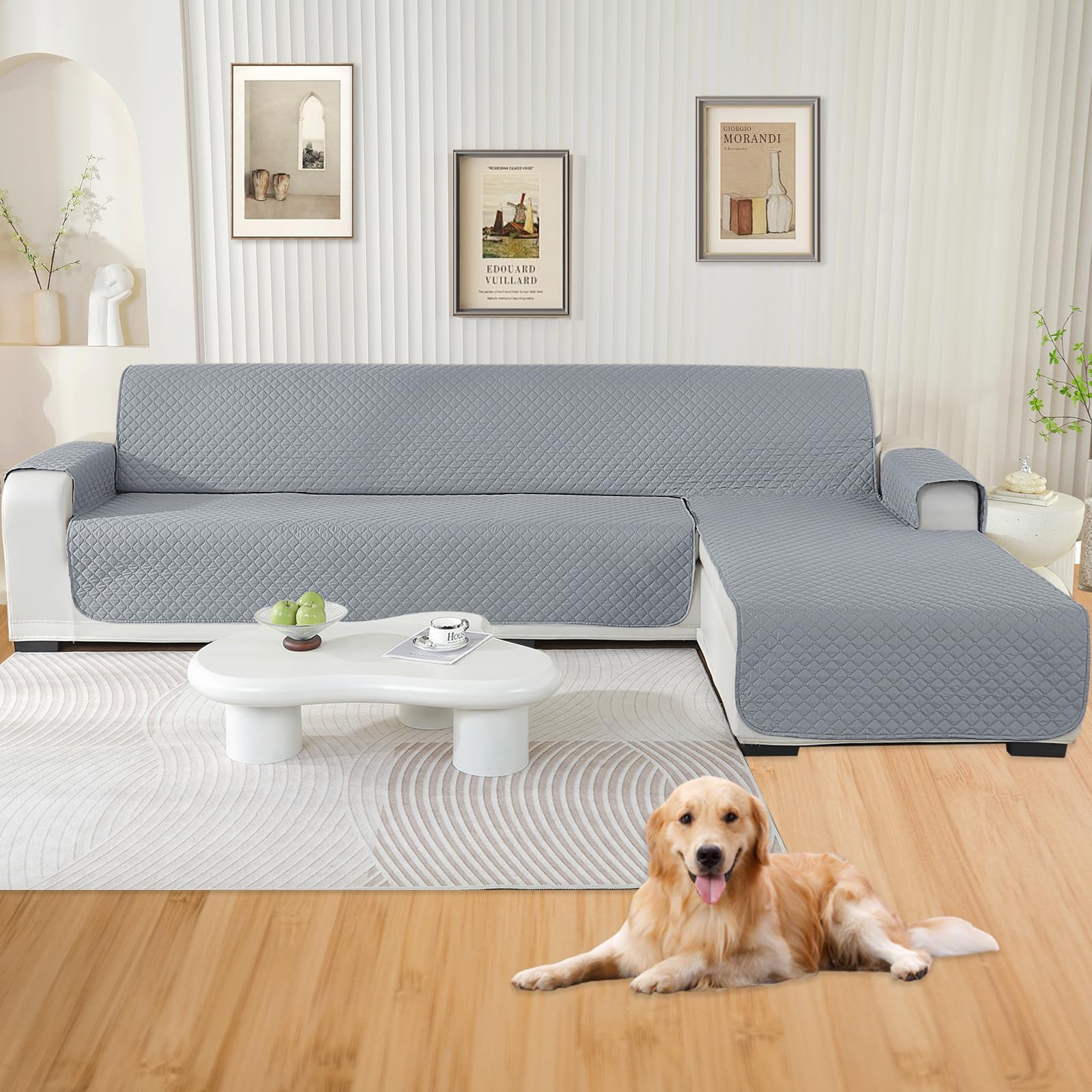 YSTELLAA Impermeabile Copridivano 3 Posti Con Penisola (L 255 CM), Copridivano Angolare Destra/Sinistra Universale Reversibile, Antigraffio, Antiscivolo, Antimacchia, Facile Lavare, Grigio Chiaro