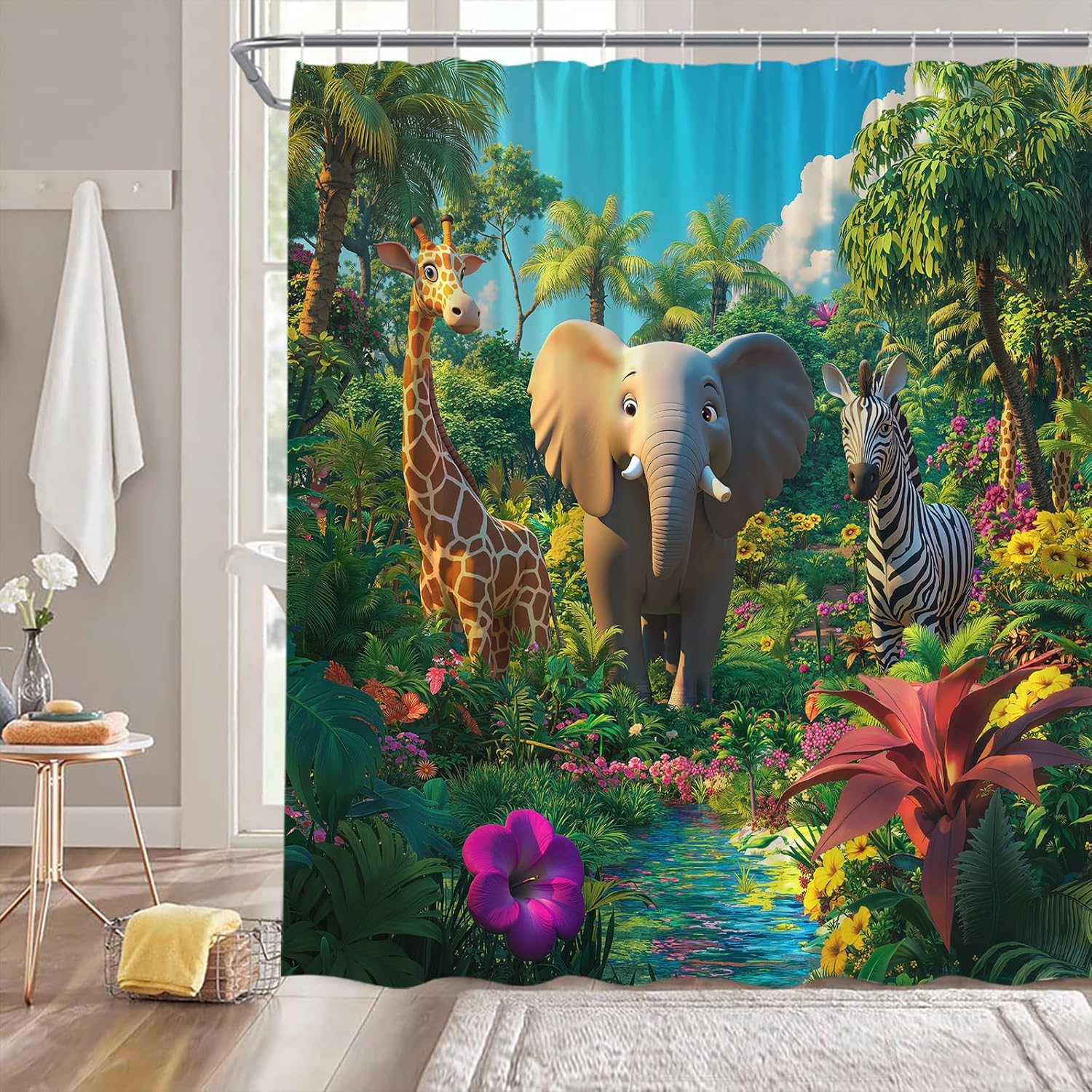 Jungle Animal Extra Long Shower Curtain Elephant Giraffe Zebra Forest Rainforest Flower Tree Nature Landscape Fabic with Hooks for Bathroom Decor,70x78 Inch