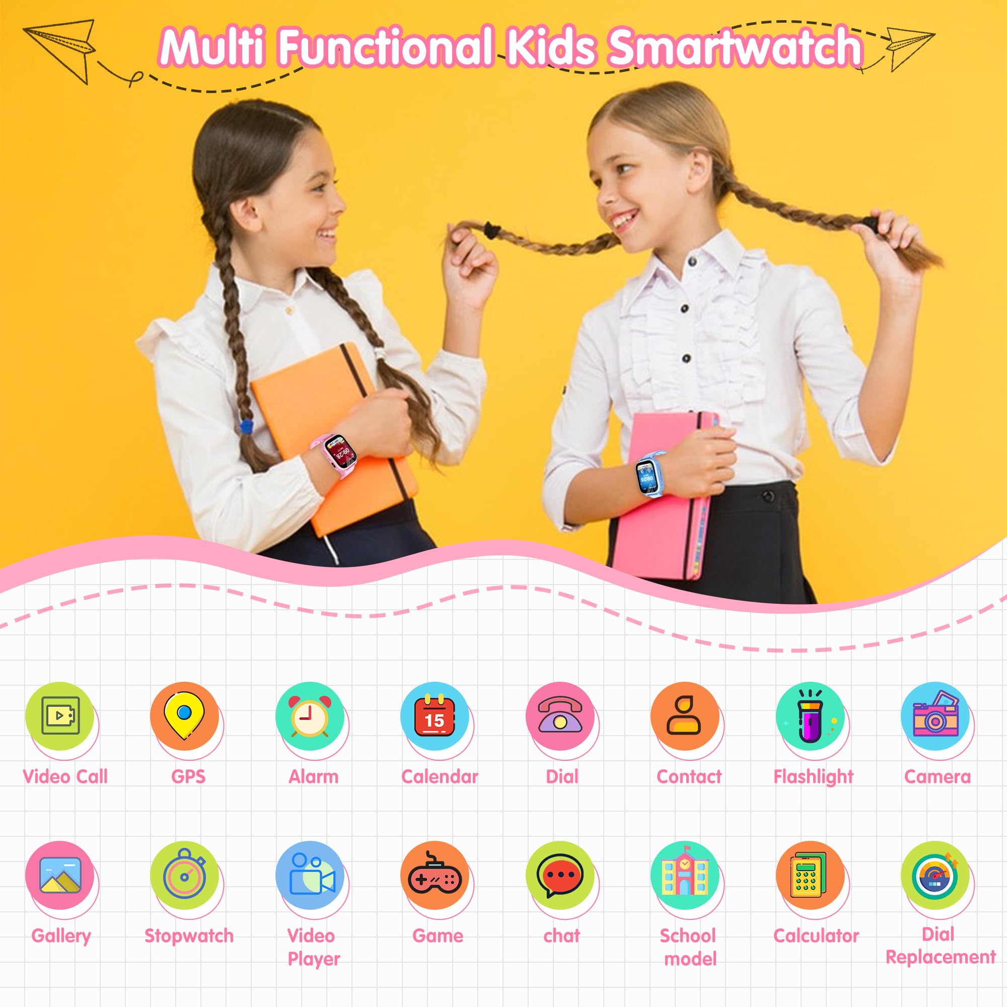 Reloj Inteligente para Niña 4G, Smartwatch Niñas GPS y Llamadas, SOS/WiFi/Vídeo/Voz Chat, Modo Clase, Calculadora, Despertador, 7 Juegos, Linterna, IP68, Reloj GPS Niñas Regalo Cumpleaños de Navidad