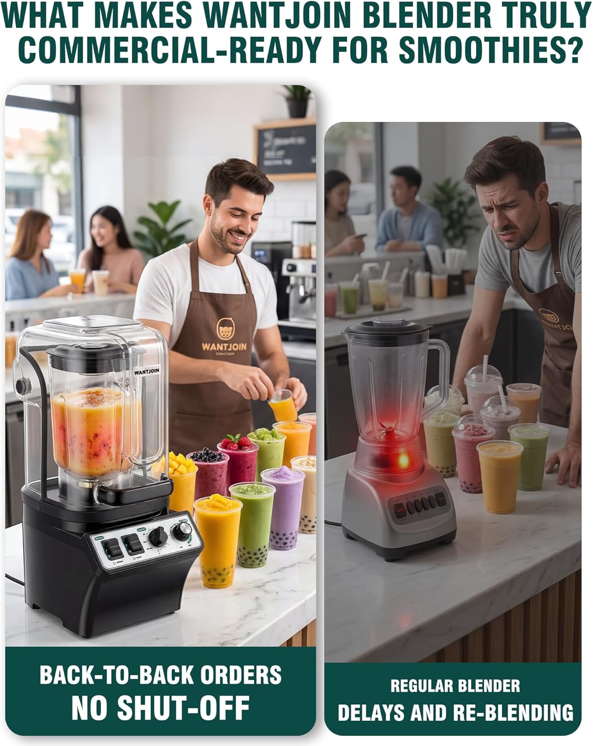 WantJoin Commercial Blender- 80Oz Quiet Smoothie Blender with Soundproof Shield, Professional Ice Crusher Heavy Duty with Self-Cleaning, High-speed Ice Drink Maker for Restaurant Bars Café Home