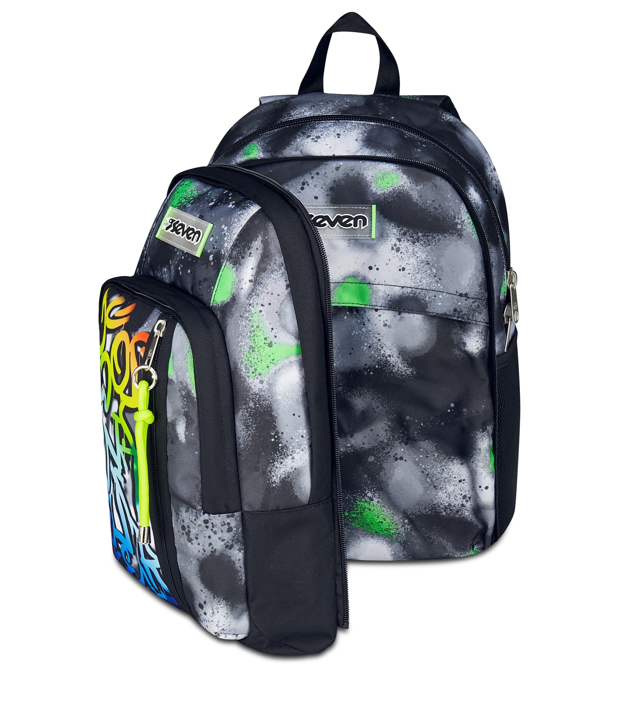 Seven Zaino Scuola Dual Detach SPRINT PAINT BOY, Nero Verde, Doppio Scomparto da 32 L, Con Tasca PC, Tasca Borraccia, Tasca Con Organizer e Scomparto Staccabile, Scuola Media e Superiore
