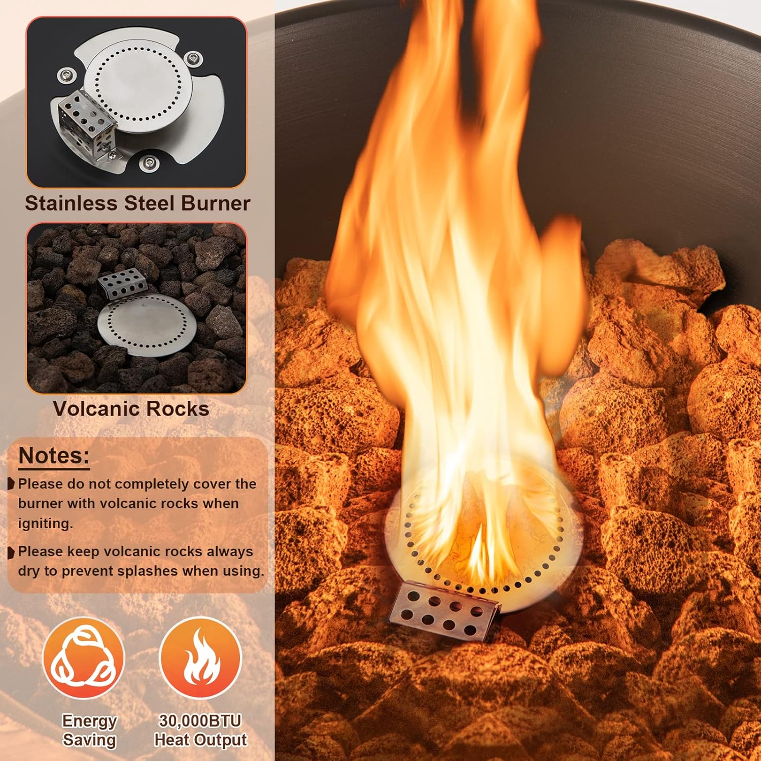 COSTWAY Propane Fire Bowl Column, Outdoor Burning Fire Bowl W/Lava Rocks & PVC Cover, 30,000 BTU Heat Output, Stainless Steel Burner, Ideal for Backyard, Poolside, Simple Installation