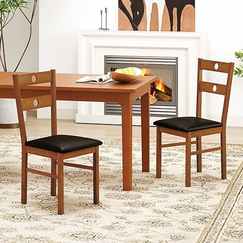 Miniatura 9 de Giantex Juego de 4 sillas de comedor de madera, sillas de cocina tapizadas de piel sintética con respaldo hueco, marco de madera de goma, asiento