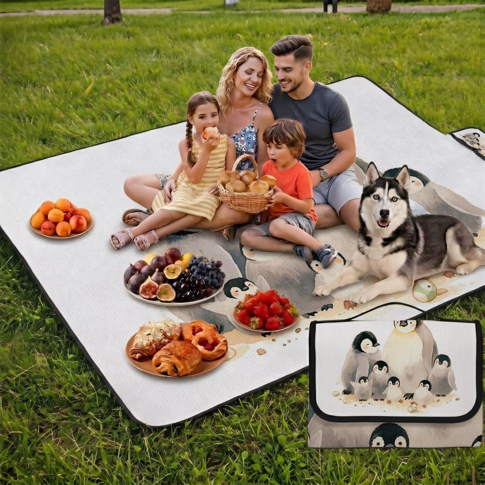 Couverture Pique Nique Grande 200x300cm,Outdoor Couverture Imperméable,Pliable Tapis de Plage Dos en PVC,Picnic Blanket pour Camping Accessoires,Jardin,Parc,Famille - de Mignons Pingouins UZ-877