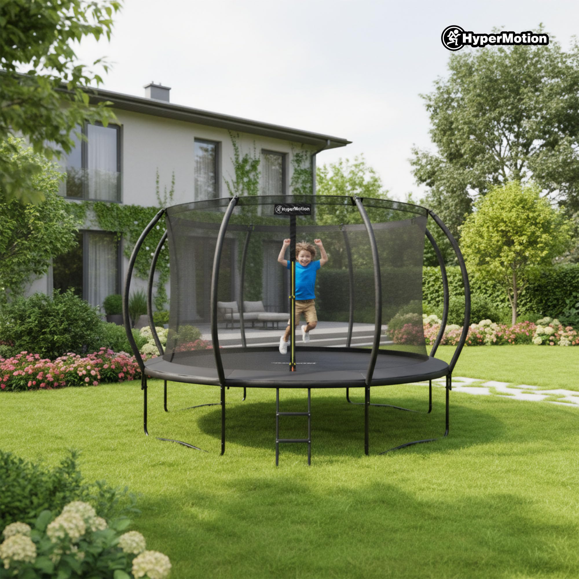 Hypermotion Trampoline Exterieur Enfant 3 Ans 244/305/366/430/487 cm Séchage Rapide et Déperlant – Excellente Élasticité de Saut – Trampoline de Jardin avec Filet de Sécurité