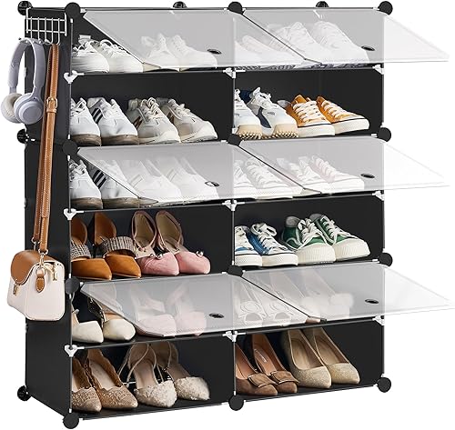 SANGMUCEN Zapatero entrelazado, gabinete de almacenamiento de zapatos de plástico de 6 cubos, 24 Paris Shoe Cabinet con puertas, Zapatero