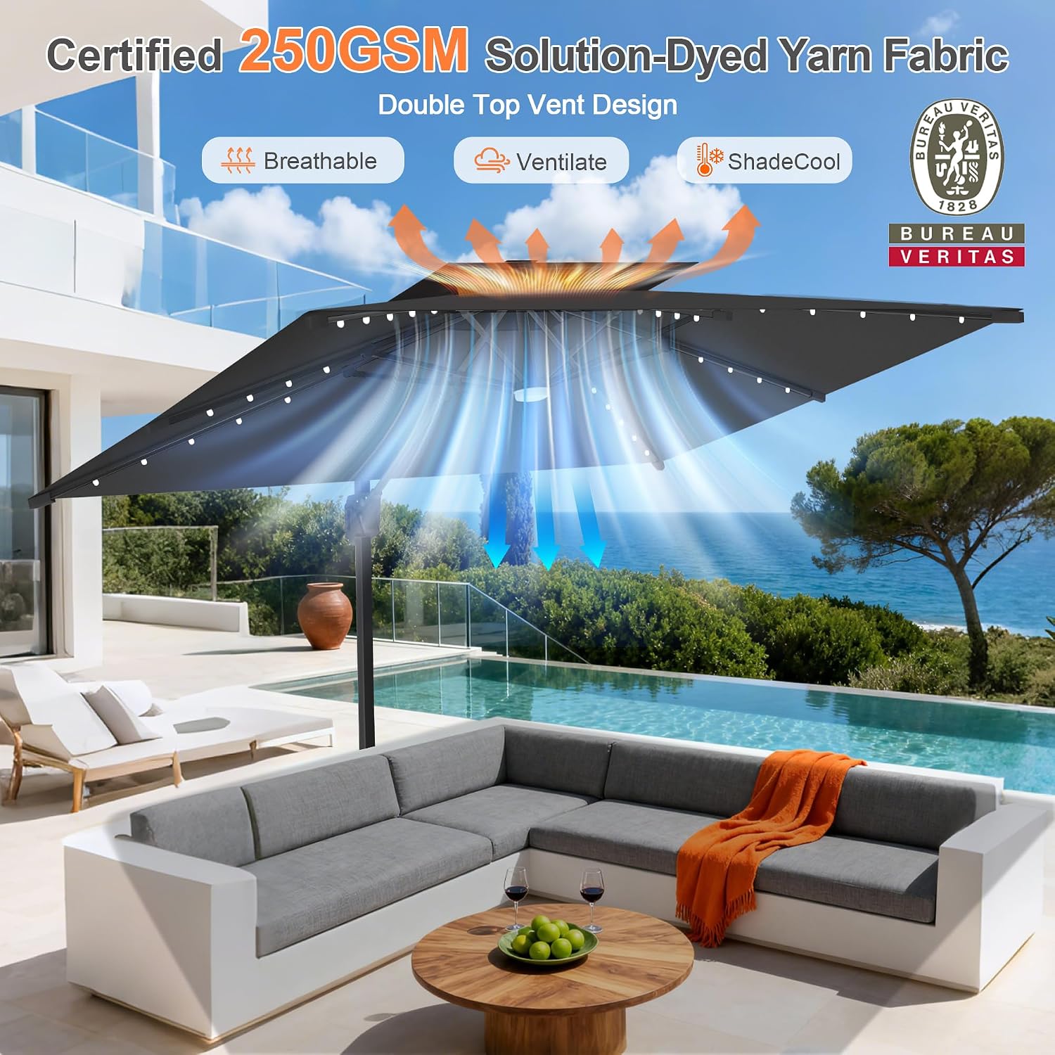Aegis Pro 10' X 10' Cantilever Umbrella with Built-In LED Lights, Reinforced Aluminum Ribs & Pole, 360-Degree Rotation, Includes Cover for Garden Deck Pool Patio