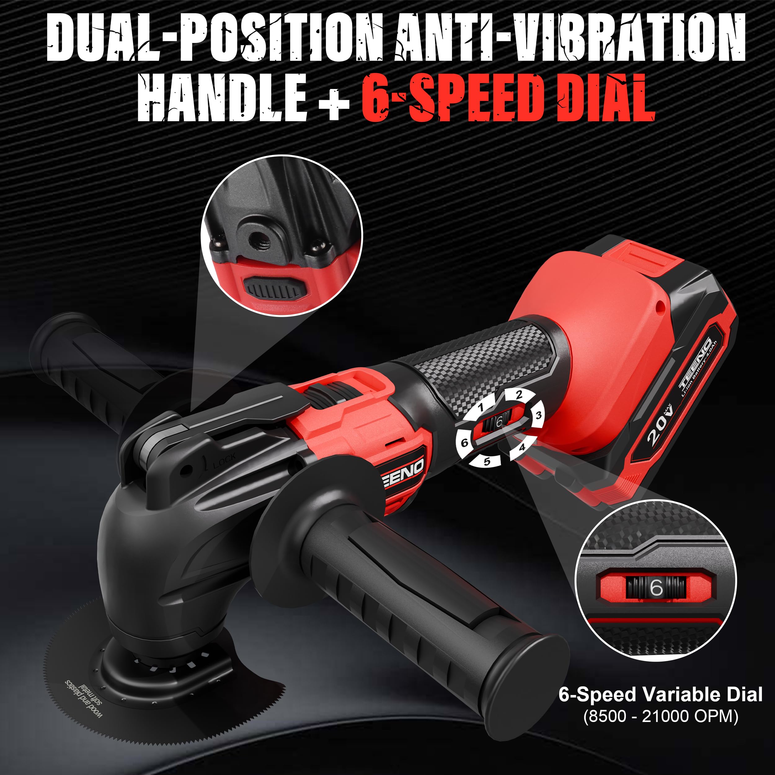 Strumento multifunzione oscillante senza fili 20 V, Brushless Strumento multifunzione senza fili con 6 velocità, 2 x 4.0 A batterie, 8500-21000 giri/min, caricabatterie, angolo oscillante 4°, per