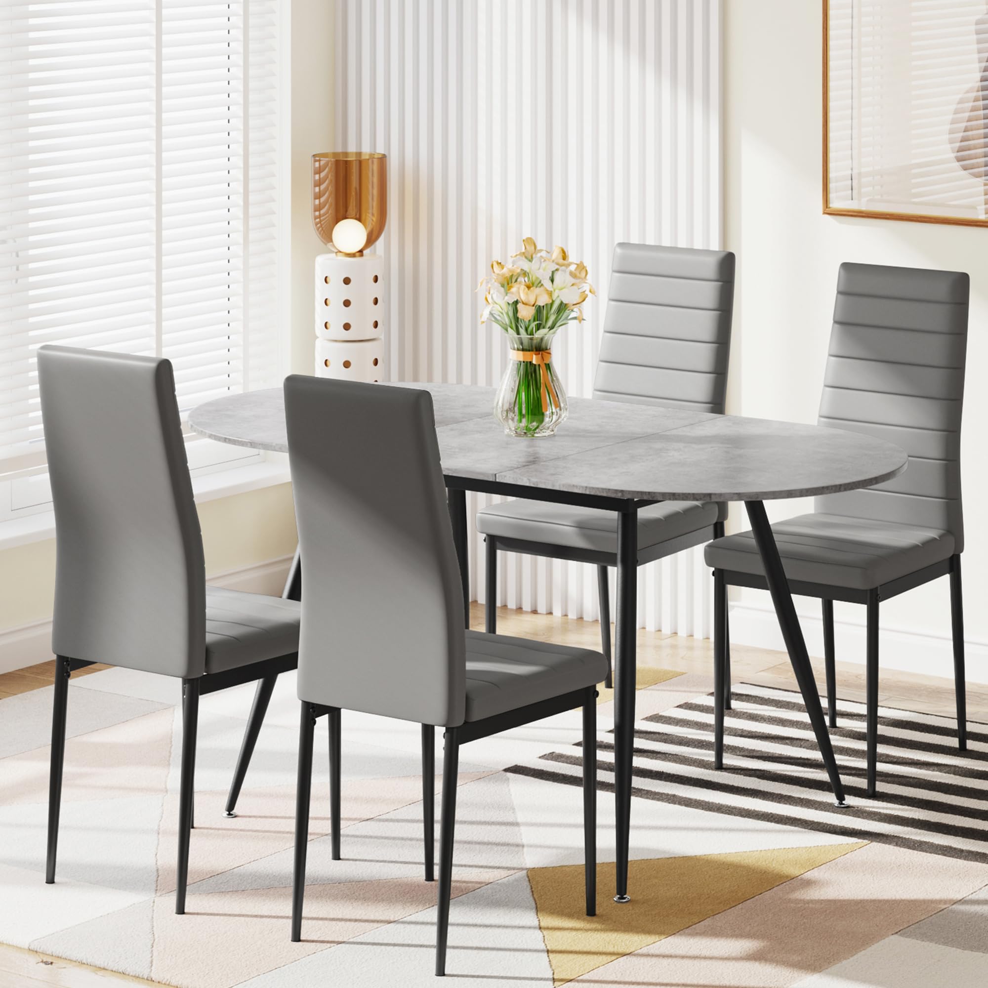 Luxstein Extendable Dining Table and Chairs Set 4, 120-160cm Oval Concrete Effect Table with 4 Grey High Back PU Leather Chairs for Dining Room, Kitchen