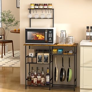3IngSeagulls 6-Tier Baker's Rack for Kitchen Storage - Microwave Stand with Adjustable Shelves, 10 S-Hooks, Rustic Brown Coffee Bar
