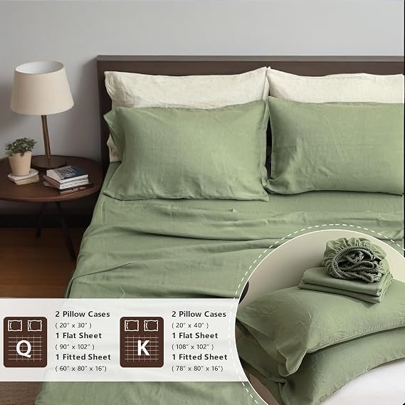 QKTE 100% Natural Linen Sheets Set 4 Piece - Washed Linen Bedding Set with 16 Deep Pocket Fitted Sheet, Flat Sheet & 2 Pillowcases, Breathable Durable for All Seasons (Sage Green, Queen)
