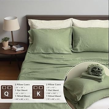 QKTE 100% Natural Linen Sheets Set 4 Piece - Washed Linen Bedding Set with 16 Deep Pocket Fitted Sheet, Flat Sheet & 2 Pillowcases, Breathable Durable for All Seasons (Sage Green, Queen)