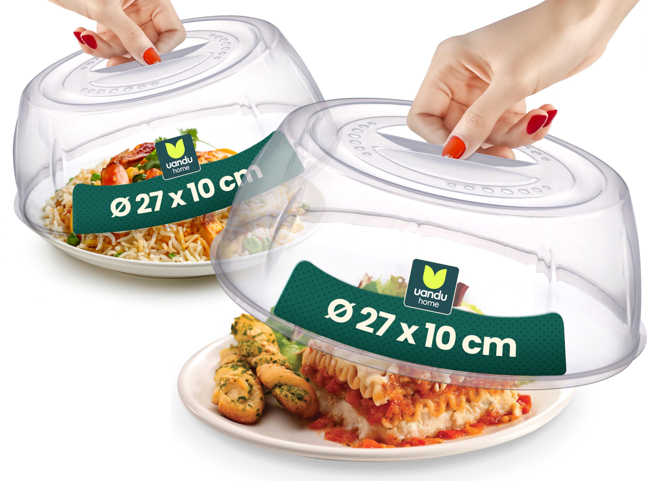 uandu Mikrowellen Abdeckung Ø 27 cm – 2er Set, Mikrowellenhaube hoch mit Griff, Spritzschutz für Lebensmittel, Mikrowellendeckel BPA Frei