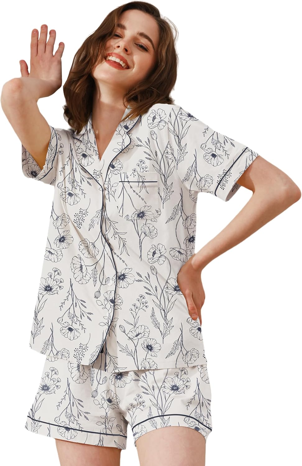 100% Cotton Pajamas for Women Sets 2 Pieces Pjs Button short sleeves with Pockets Soft Sleepwear Loungewear XS-XXL