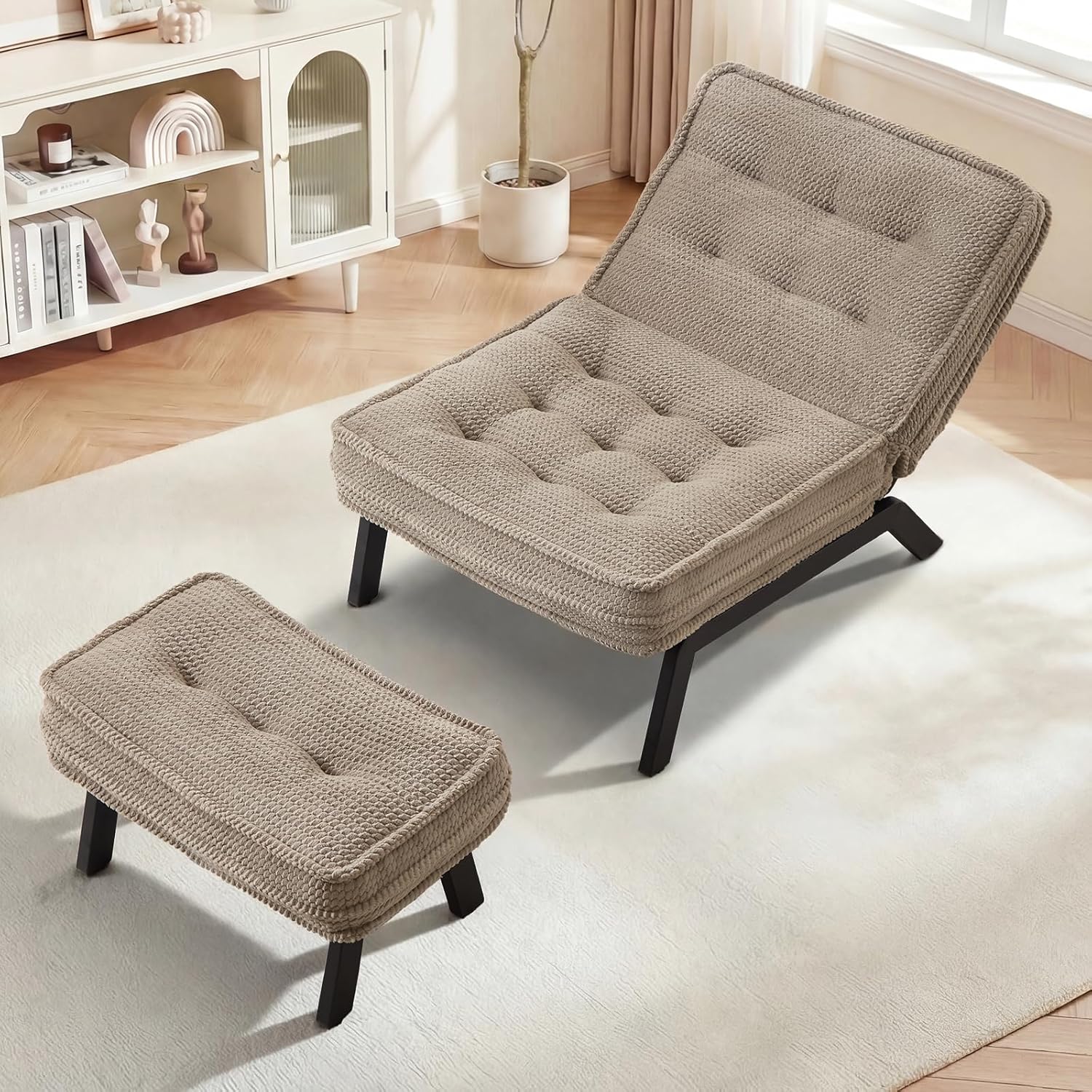 ANJ 3-Position Adjustable Accent Floor Chair with Ottoman, Ergonomic Stable Lounge Chairs for Adults, Thick Cushioned Comfy Reading Chair with Footrest for Living Room Bedroom, Khaki