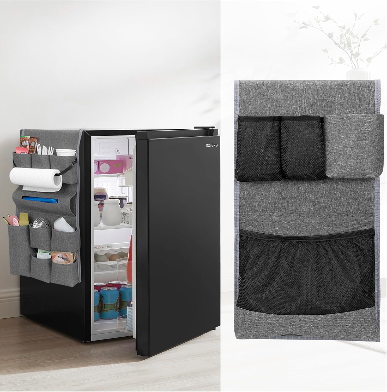 Rexmica Mini Fridge Organizer, Dust Cover with 14 Pockets for Most Household Refrigerators, Hanging Mini Fridge Caddy Organizer Storage Bag for Dorm, Office, Kitchen, Home, School, Gray