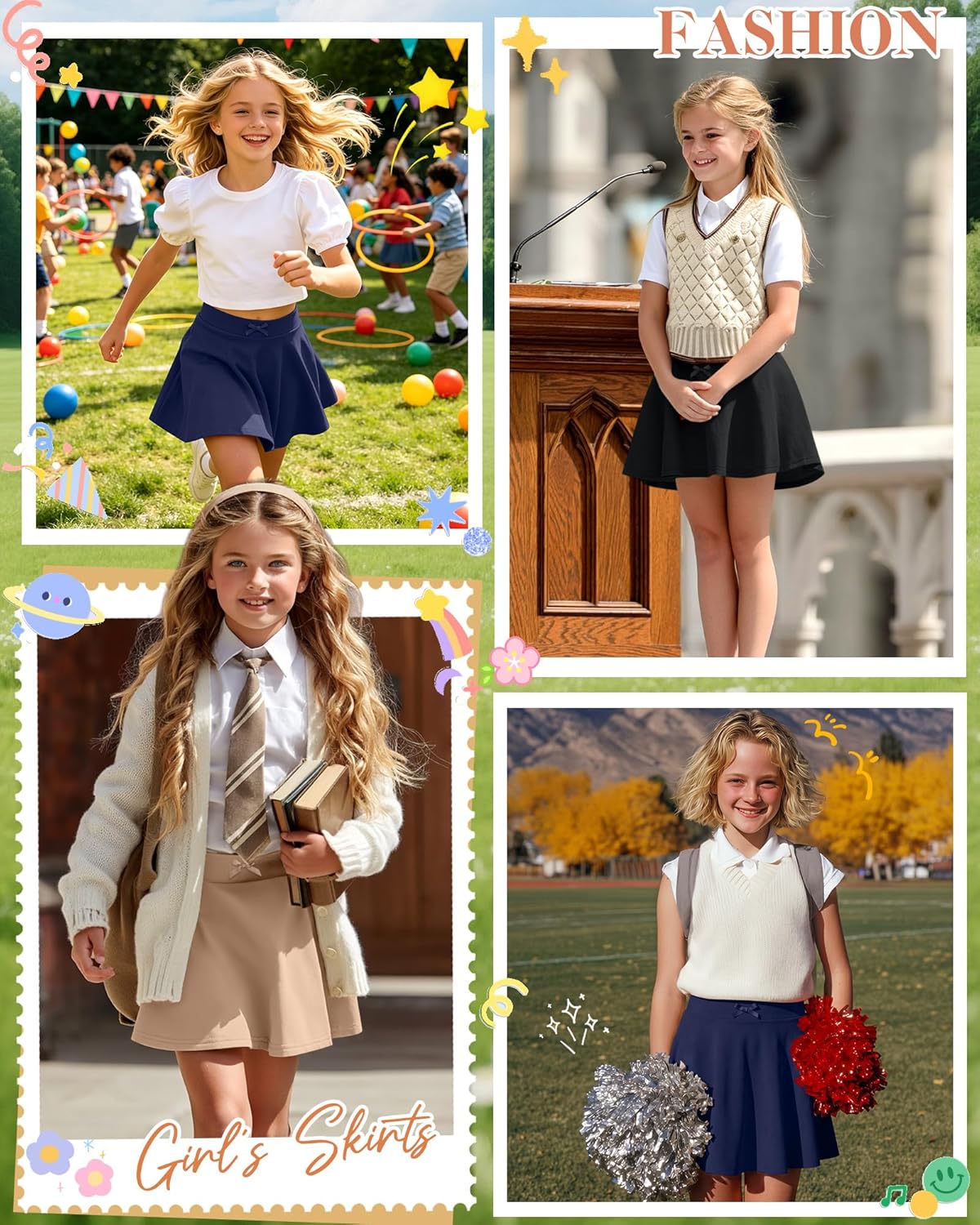 3 Pack Girls' Uniform Skirts Pleated Flared Mini School Skorts Built in Shorts with Pockets for Kids