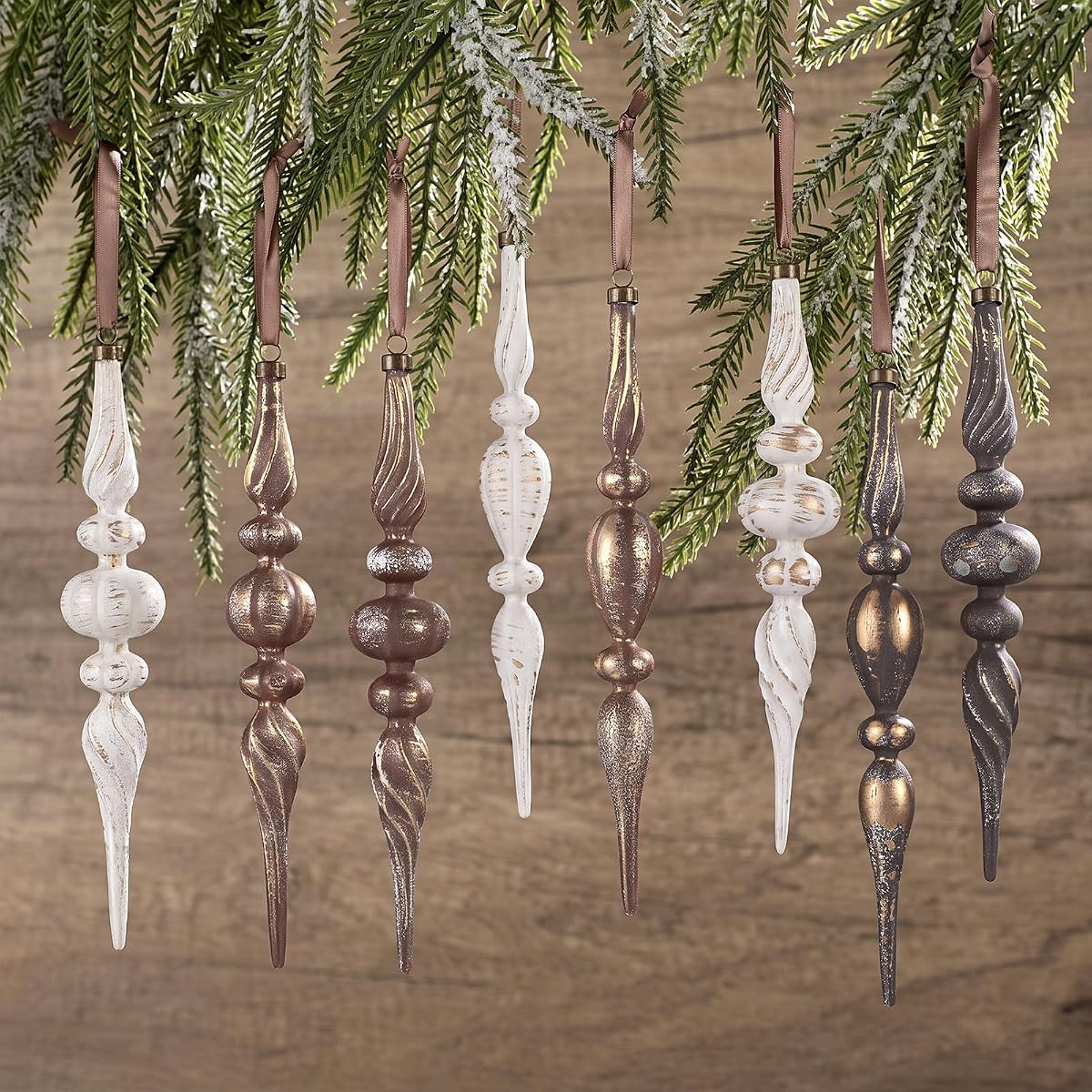 Yunlly 9 piezas de adorno navideño de carámbano neutro, decoración para árbol de Navidad, bronce | Adorno colgante de Navidad con acabado texturizado, decoración de árbol vintage inastillable con lazo, decoración rústica del hogar de la granja, regalo de Navidad
