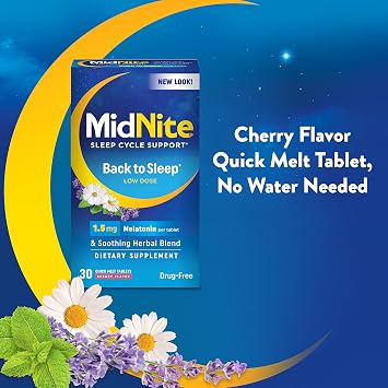 MidNite Back to Sleep 1.5 mg Low Dose Melatonin Sleep Aid, 30 Tablets