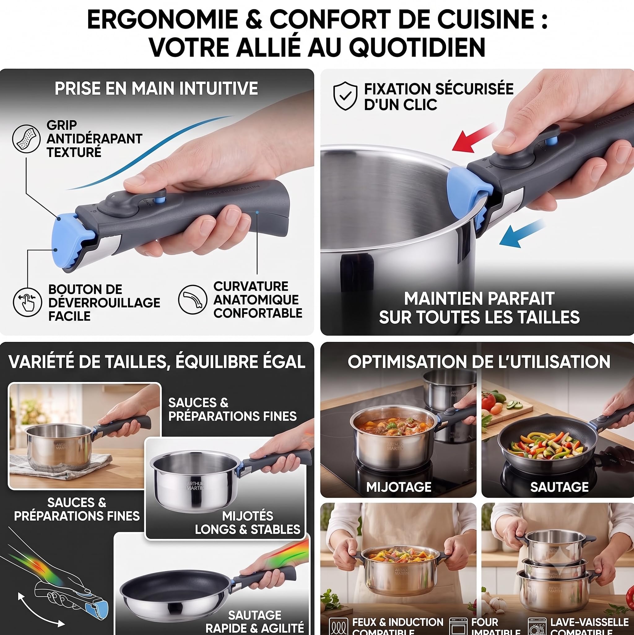 ARTHUR MARTIN - Set de Cacerolas de 5 Piezas en Acero Inoxidable, Compatible con Todas las Fuentes de Calor, Mango Desmontable, Tapas de Vidrio, Fácil de Limpiar, 14-16-18-20 cm
