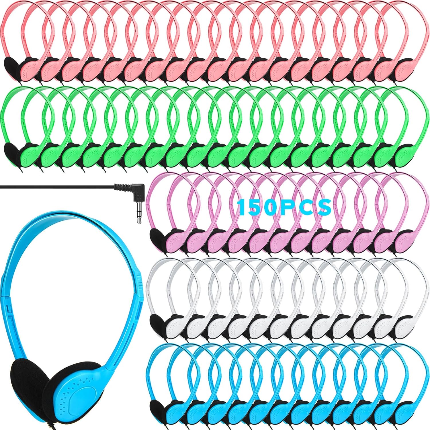 150 Pcs Classroom Headphones Bulk Class Set Adjustable Wired School Wholesale Headphones Bulk Students on Ear Earphones with 3.5mm Jack for Children Gift, Teacher Supplies(Light Color)