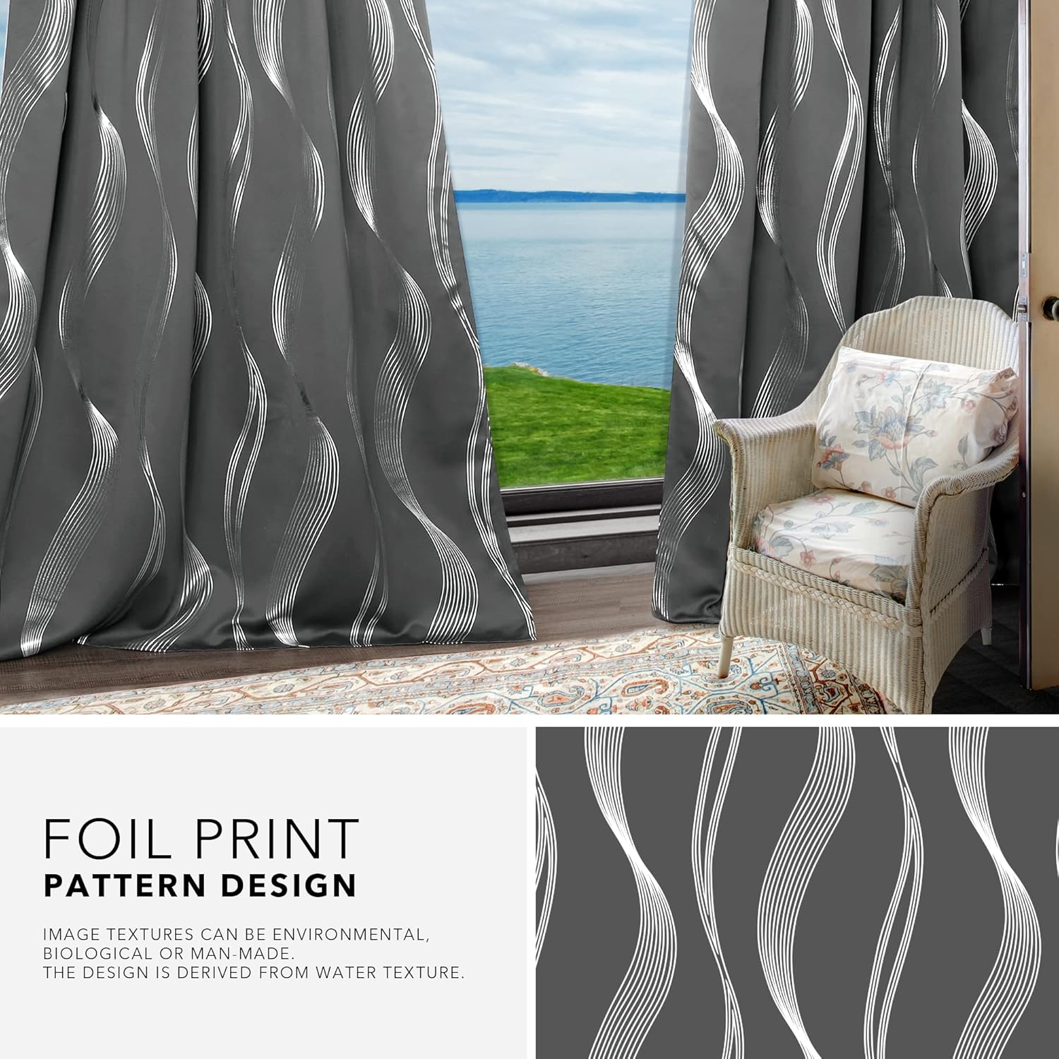 Deconovo Blackout Back Tab Curtains with Geometric Pattern, Room Darkening, Heat Blocking, Energy Saving Drapes for Bedroom, Living Room, 2 Panels, Dark Grey, 52W x 54L Inch, Wave Stripe